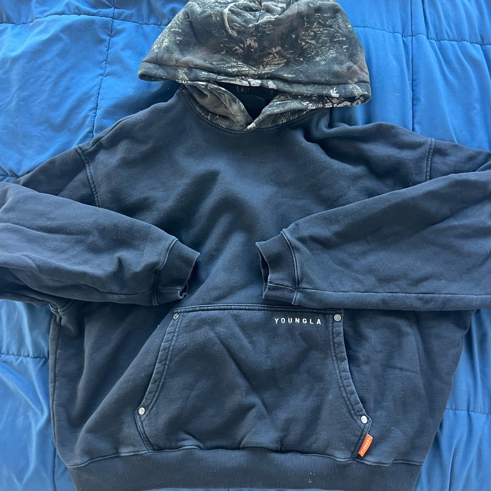 YoungLA Black Hoodie with Camouflage Detail